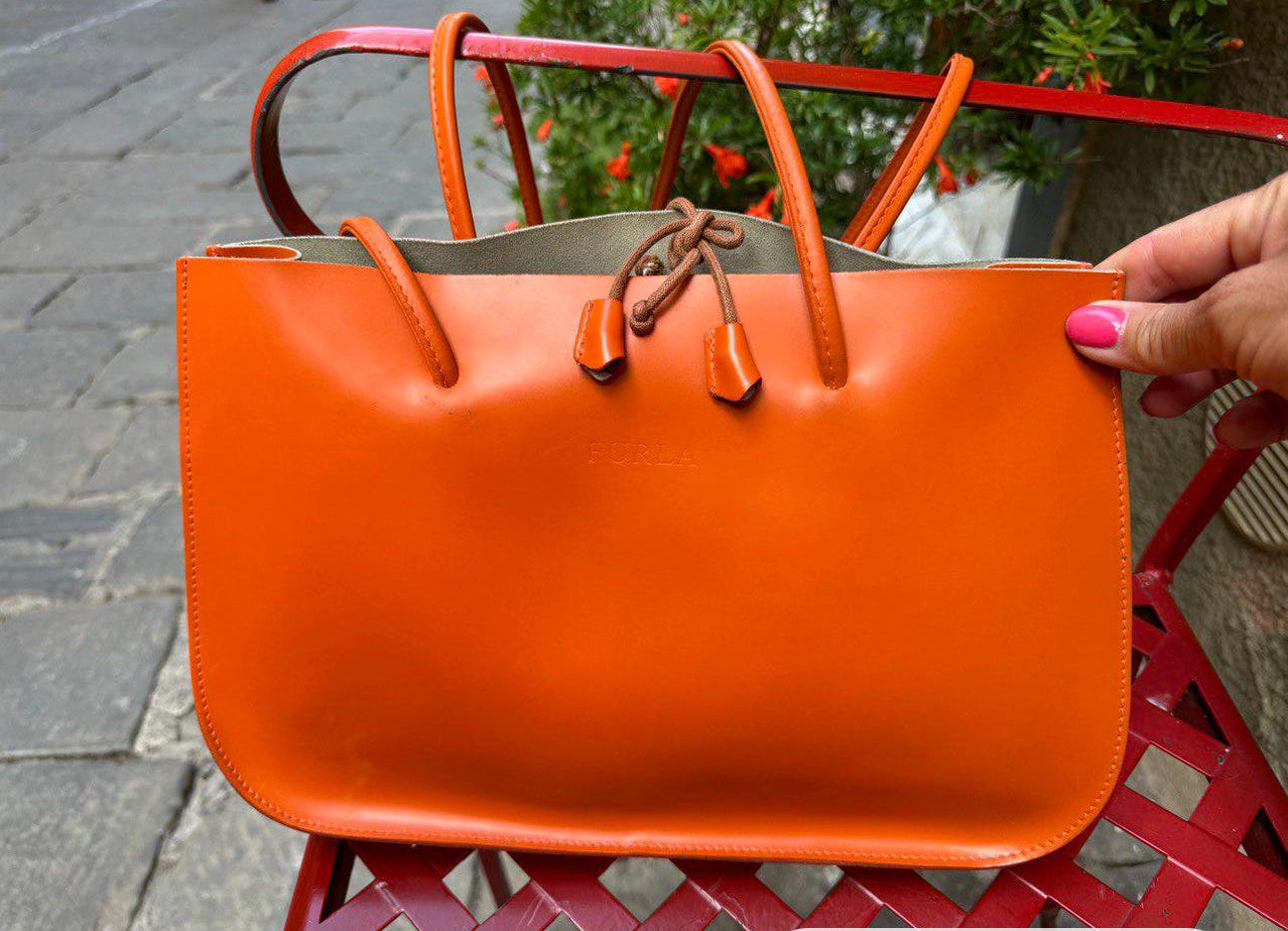 Vintage orange bag FURLA 1990s. Leather tote bag for summer, elegant woman gift.
