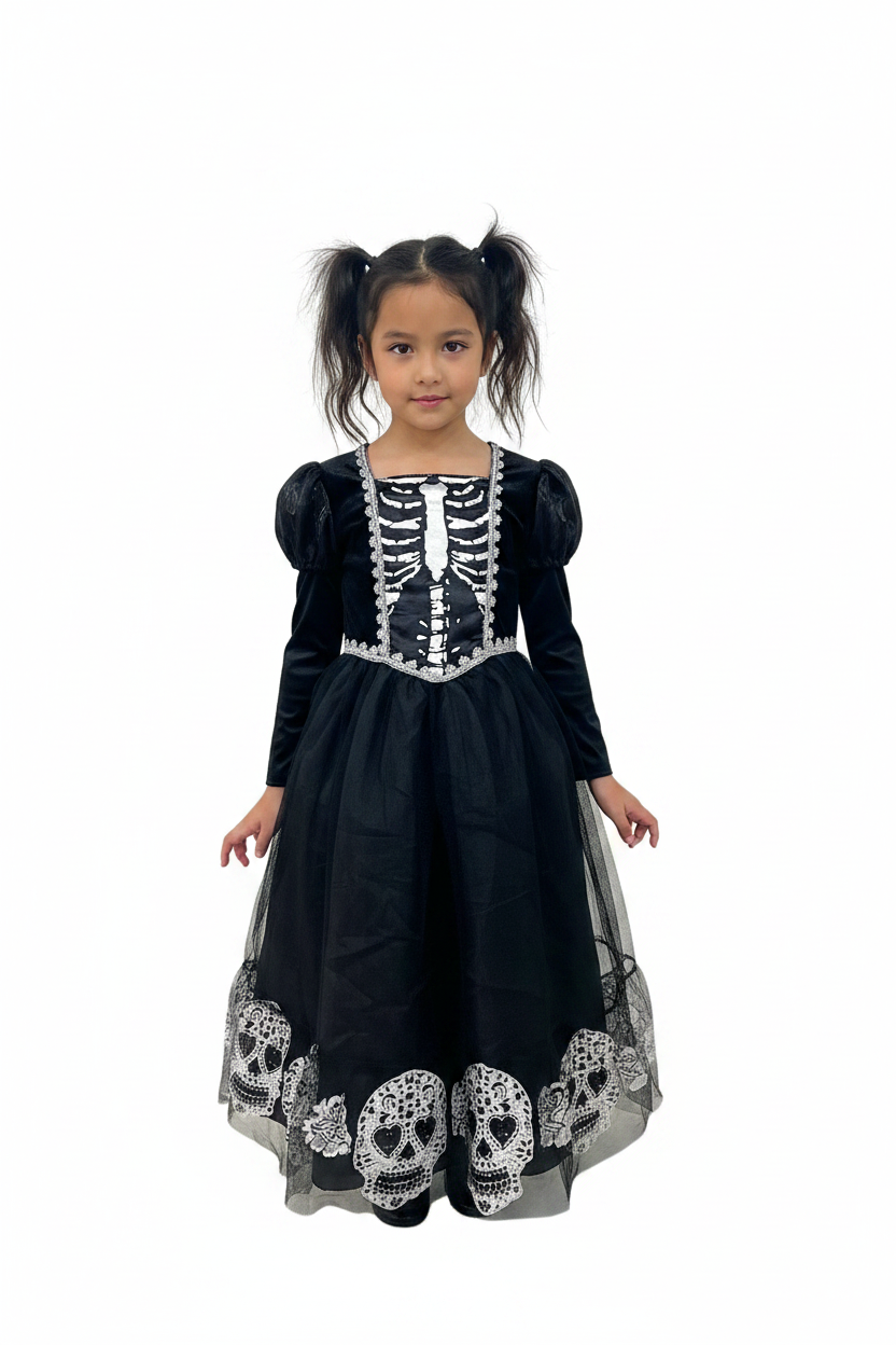 Black Halloween fancy dress for kids featuring a long-sleeved top with lace details and a maxi skirt.