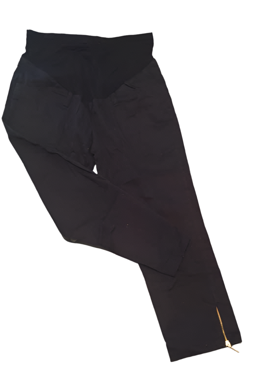 A pair of solid black maternity trousers laid flat on a plain background.