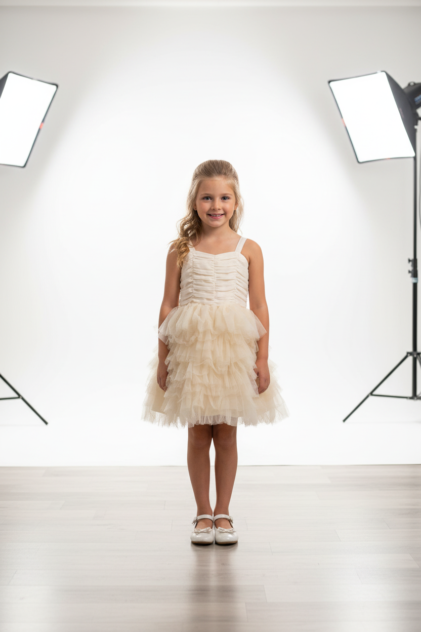 Preloved Champagne Tiered Tulle Party Dress – Girls, 10-12 years old