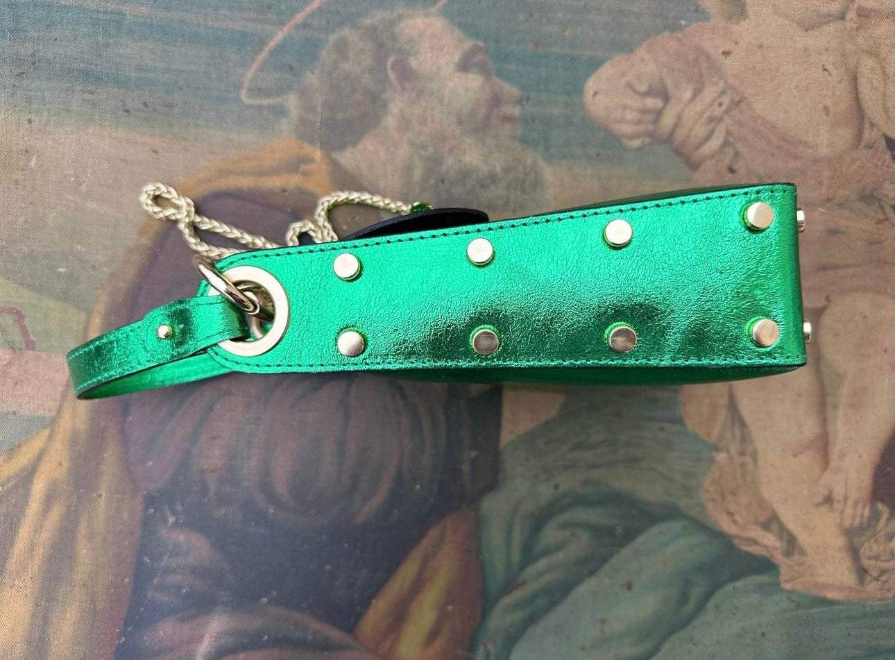 Green leather cell phone pouch.
