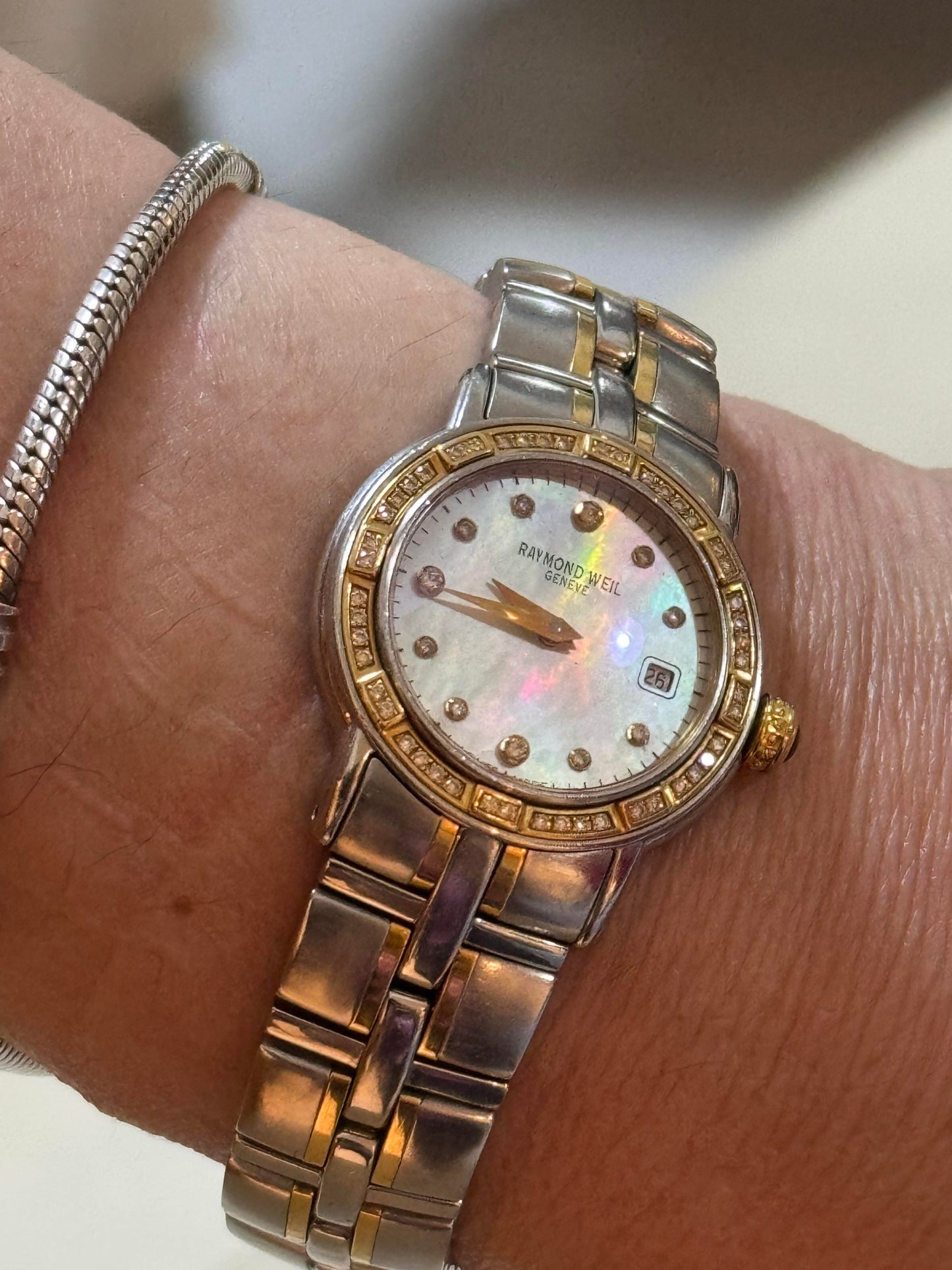 RW ladies watch, water proof, two-toned stainless steel, sapphire crystals. diamonds