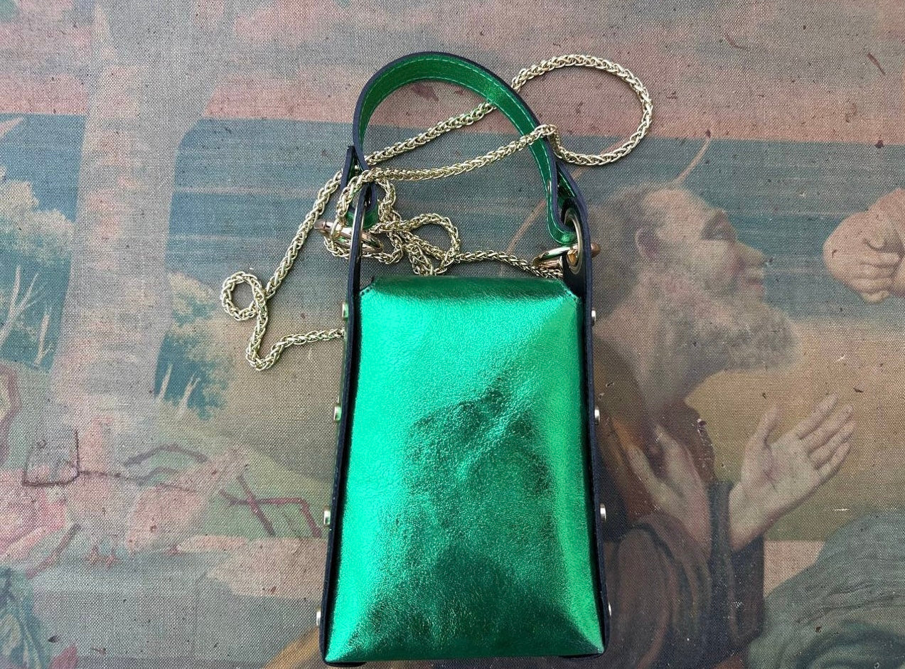 Green leather cell phone pouch.