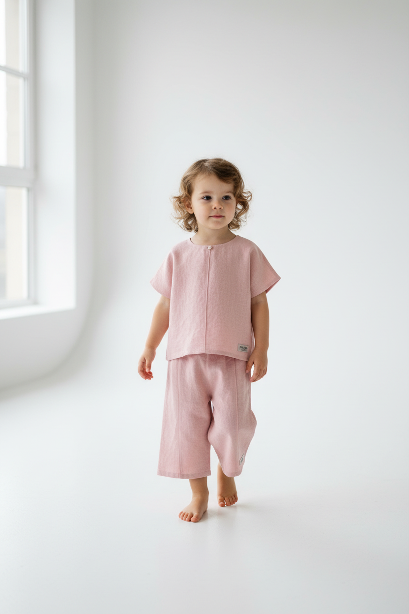A toddler stands barefoot in a bright, minimalist white room wearing a light pink short-sleeve top and matching wide-leg pants.