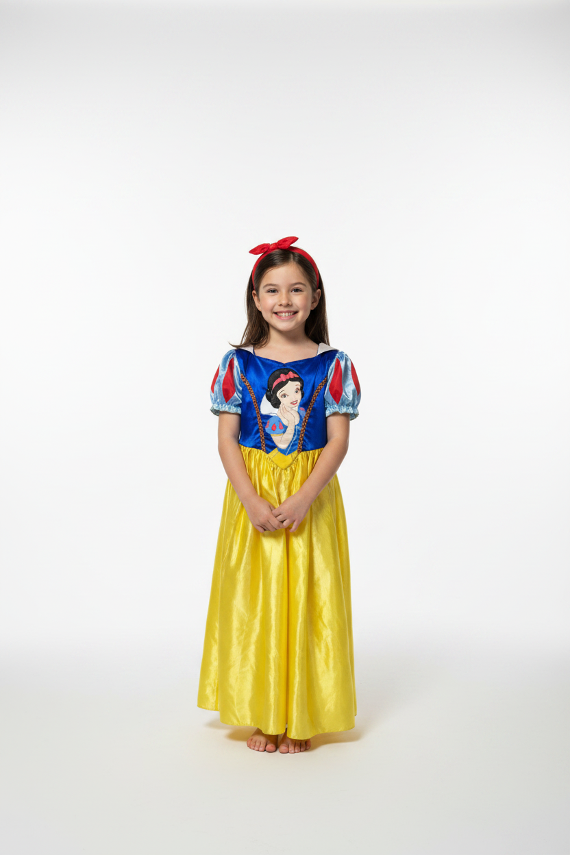 A young girl modeling a Snow White costume against a seamless white studio background. The costume features a bright yellow skirt and a blue bodice with red and white details, complete with a red bow headband.