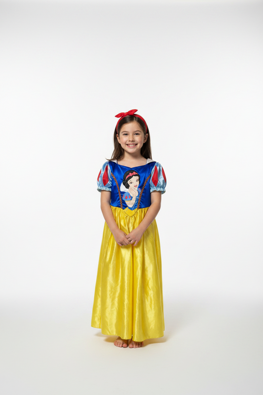 A young girl modeling a Snow White costume against a seamless white studio background. The costume features a bright yellow skirt and a blue bodice with red and white details, complete with a red bow headband.