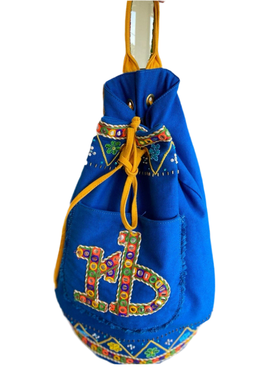 Vintage Rocco Barocco boho backpack, colorful canvas backpack. Blue drawstring backpack