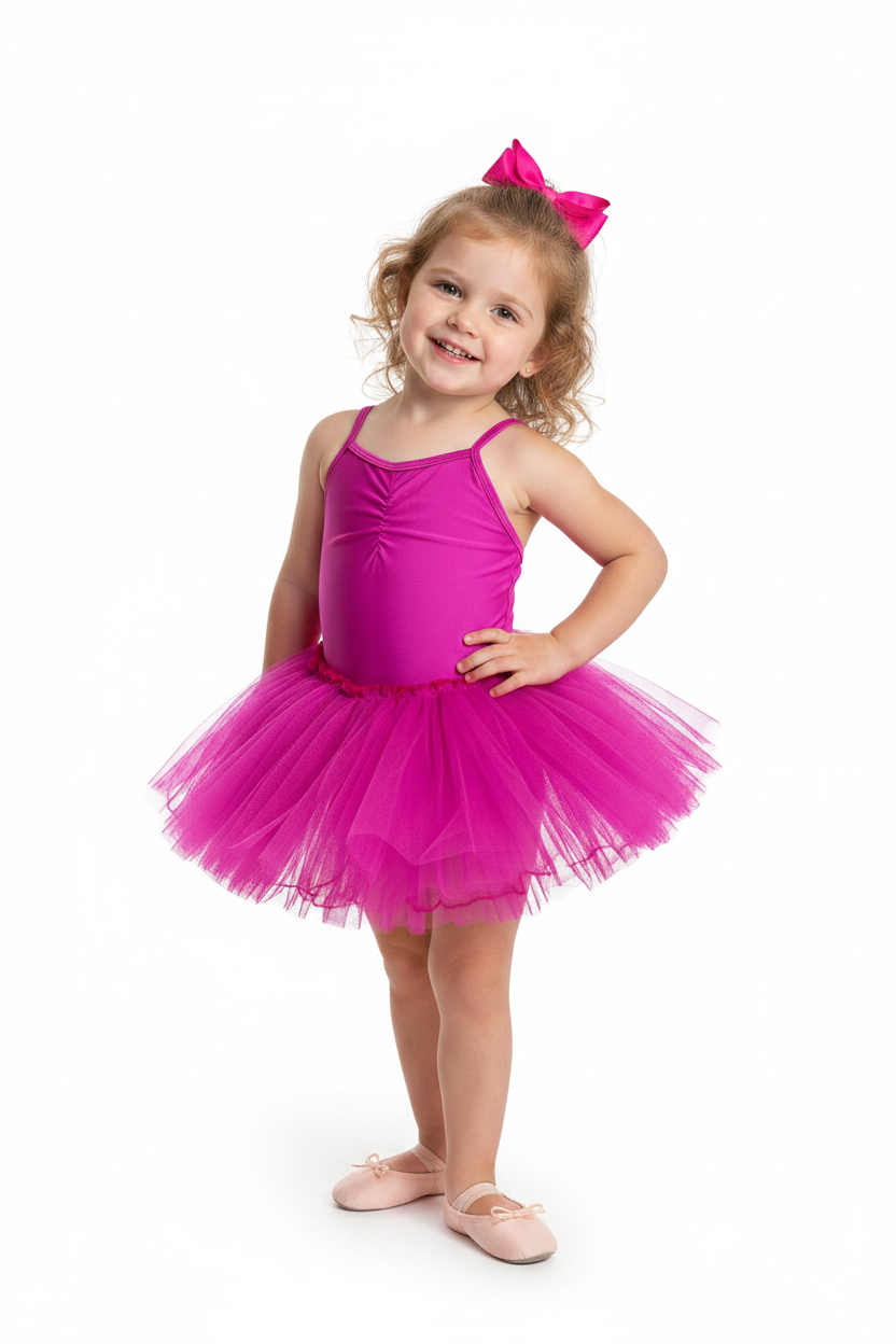 A pink gymnastic dress with short sleeves and a V-neck design, displayed against a white background.