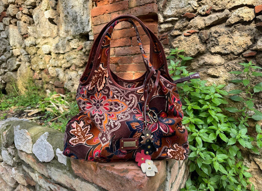 Vintage COCCINELLE Bag 2000s. Orange floral shoulder western bag, Festival handbag for woman.