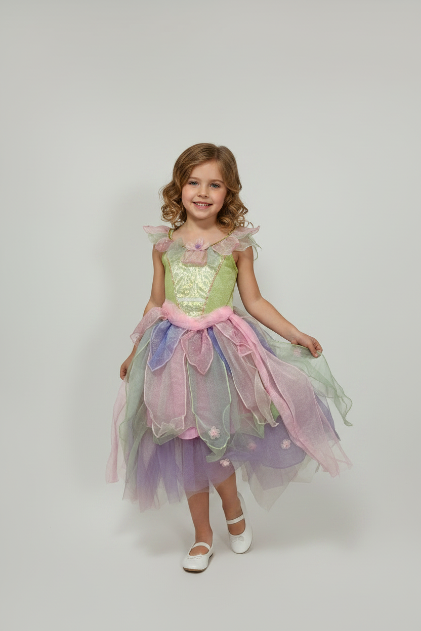 A young girl with wavy light brown hair stands against a light gray studio background wearing a whimsical, multi-layered tulle fairy costume dress. The dress features a pale yellow-green bodice with embroidered details, a pink waistband, and a layered tulle skirt in pastel pink, lavender, and mint green.
