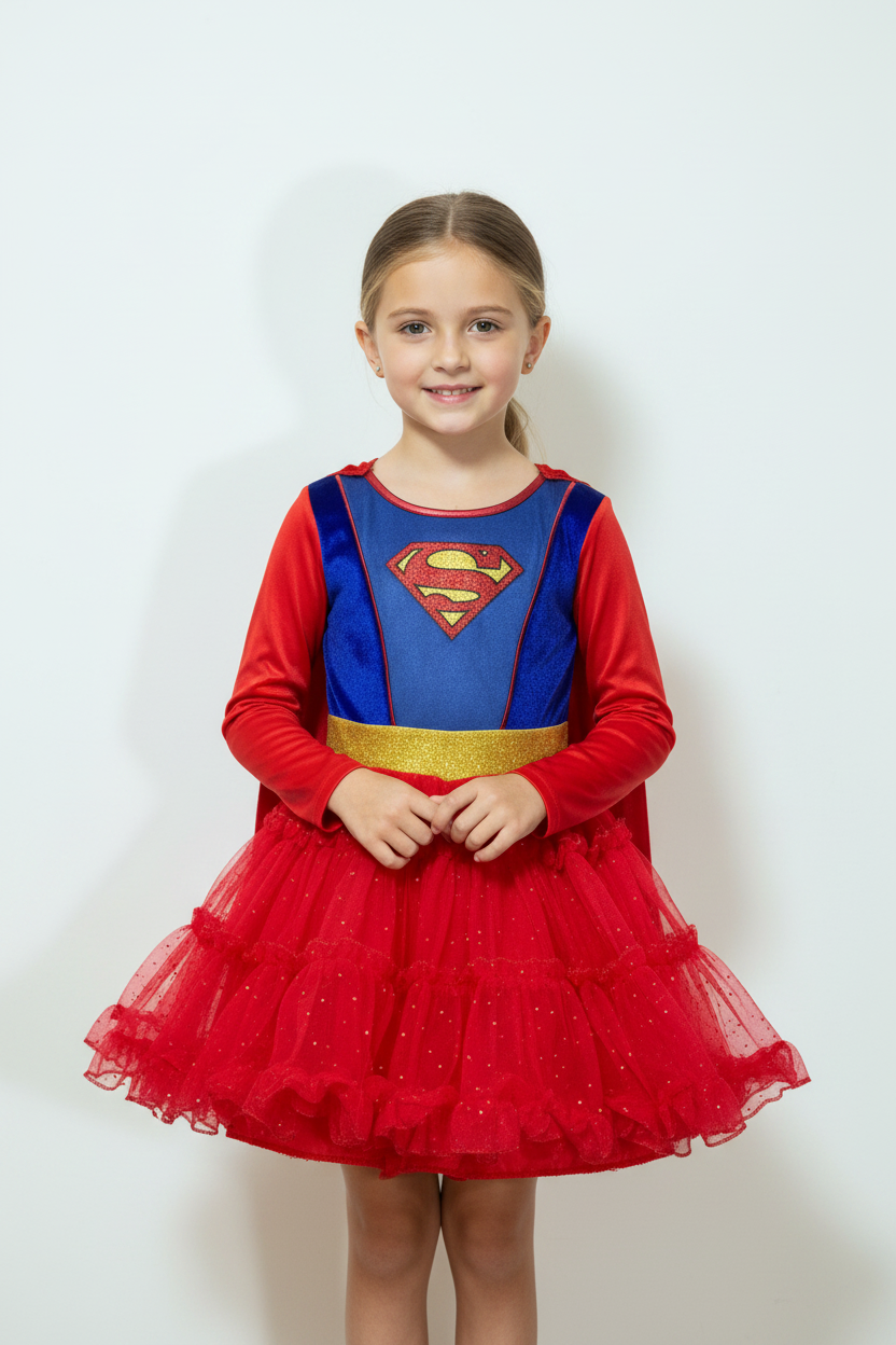A red and blue Halloween party dress with a superman girl design, featuring a blue cape and yellow belt with rhinestones.
