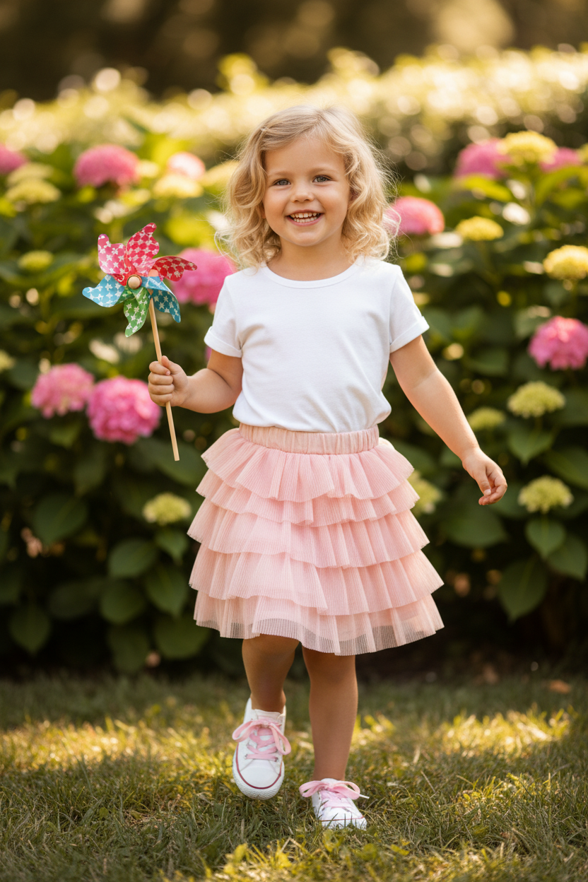 A young girl with blonde curly hair stands on grass in a garden, smiling and holding a small pinwheel. She is wearing a white short-sleeve t-shirt and a tiered light pink tutu skirt, with white sneakers.