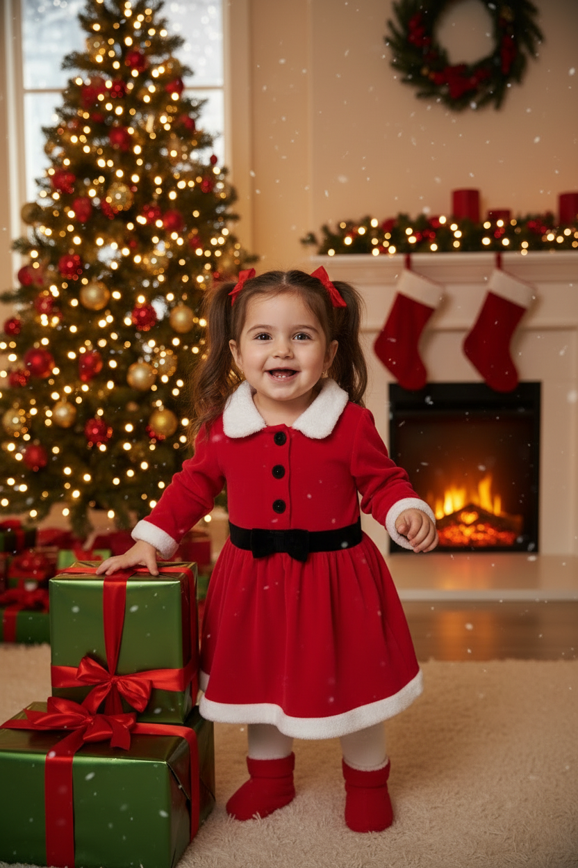 A  smiling in a festive holiday room, wearing a red dress with a white faux-fur collar and hem, and a black belt. A decorated Christmas tree, fireplace with stockings, and falling snow effects are visible in the background.