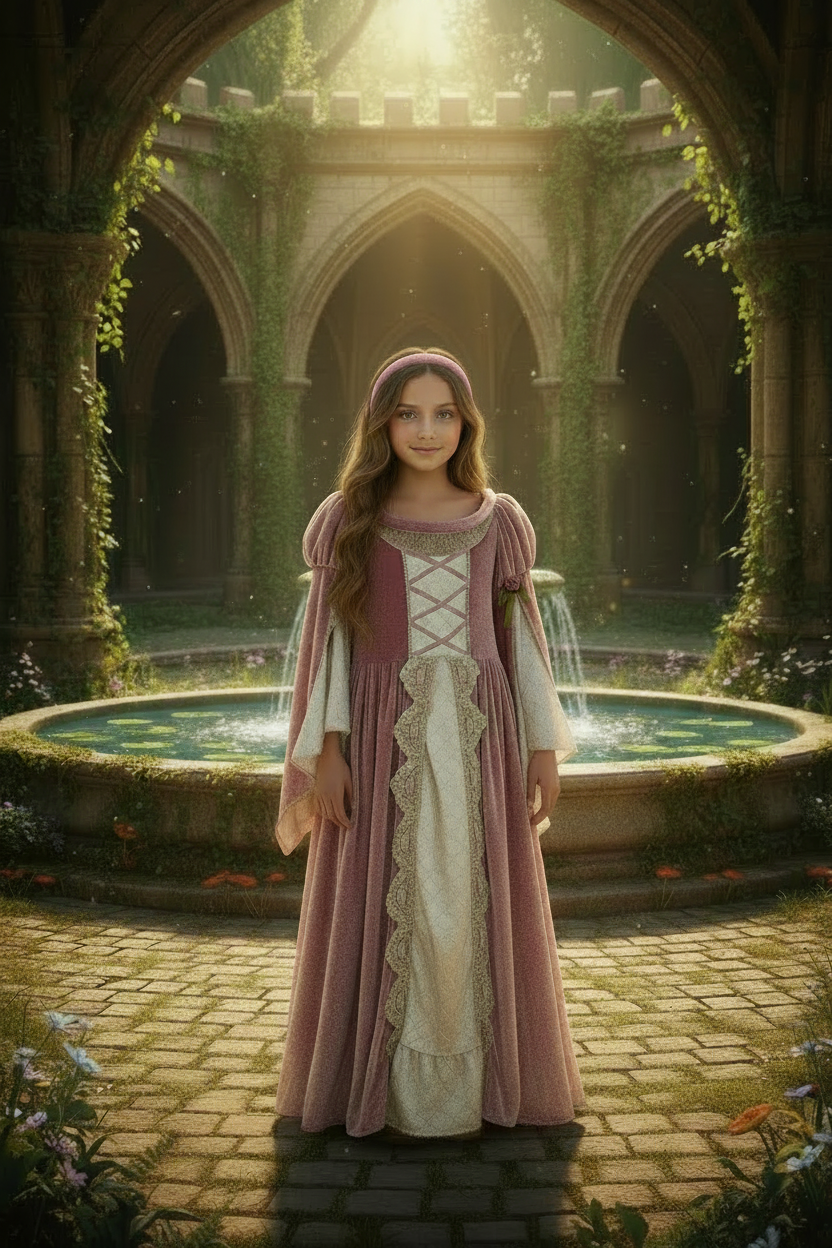 A young girl in a medieval-style gown stands in a sunlit stone cloister courtyard with a fountain behind her. The dress is dusty pink with a cream bodice and lace trim, and the scene has a warm, dreamy, slightly fantasy-like quality.