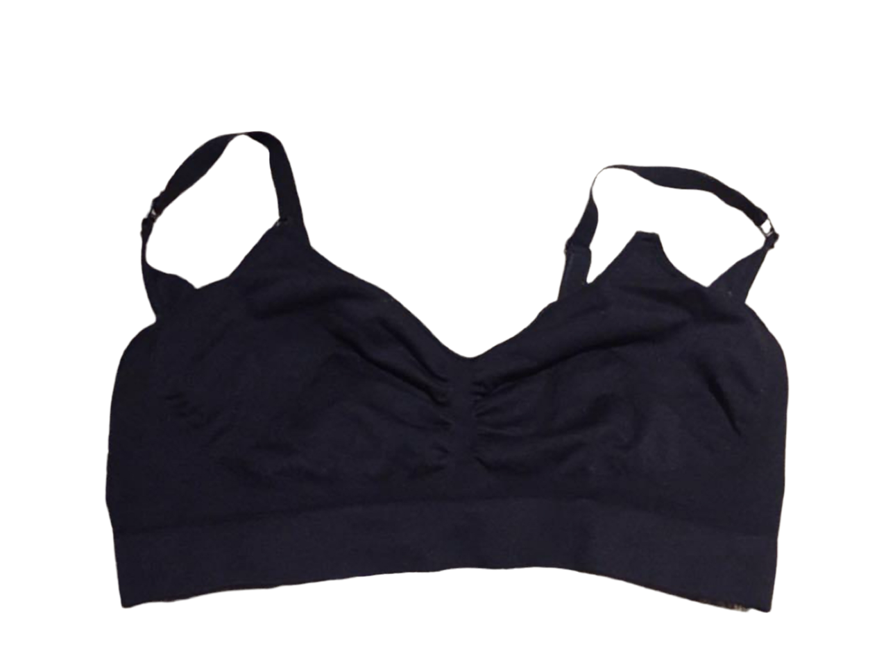 A navy-colored nursing bra with adjustable straps.