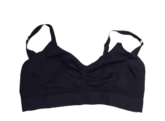 A navy-colored nursing bra with adjustable straps.