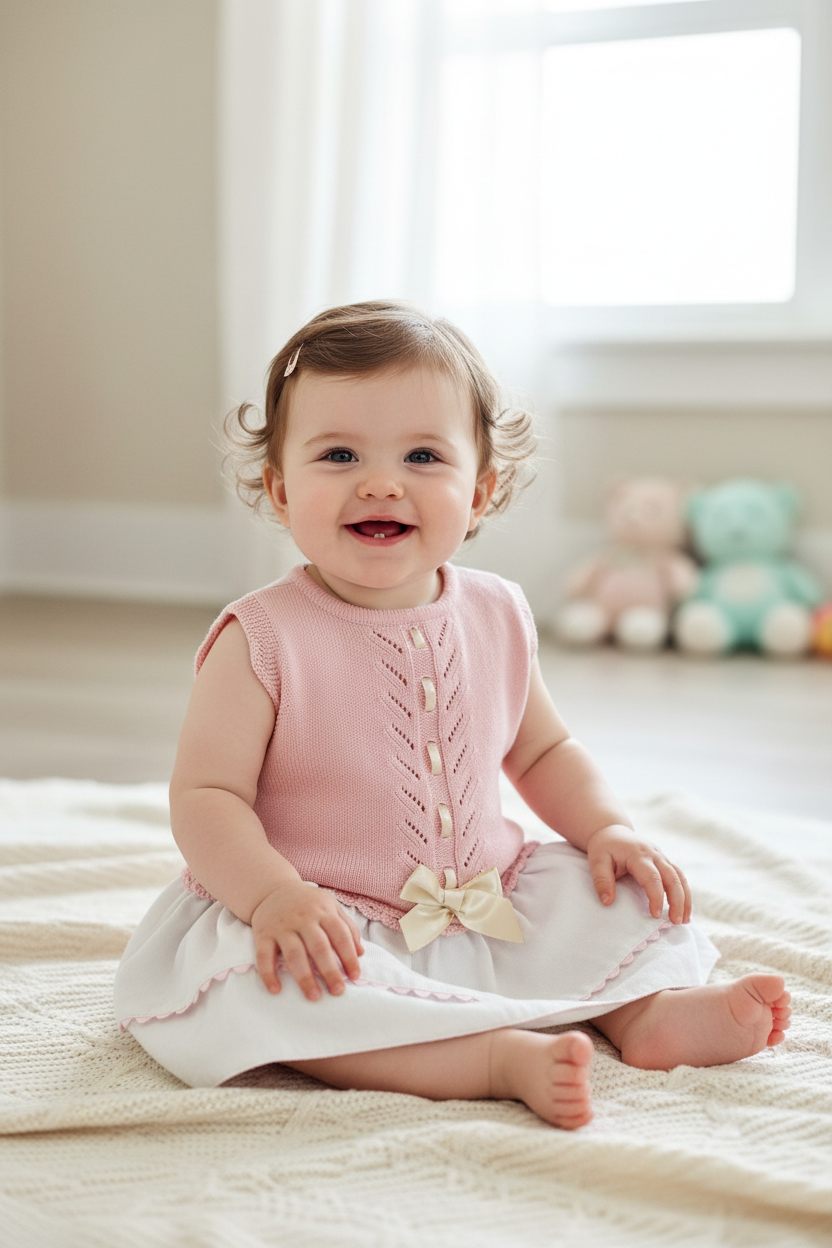 A baby girl sitting on a cream knit blanket in a softly lit room, wearing a sleeveless pink dress with decorative front buttons and a white skirt with a cream bow.