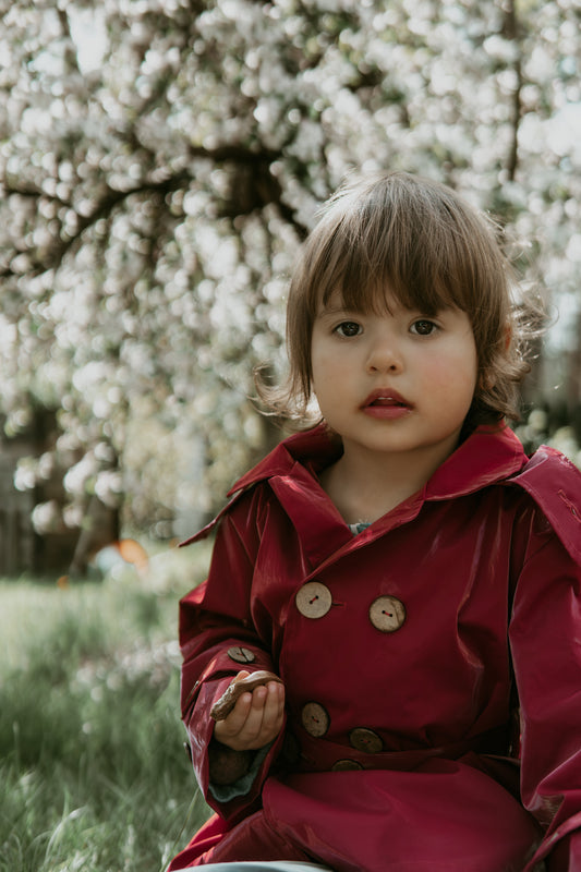 Kid's Trench Coat - Burgundy Red - Cotton