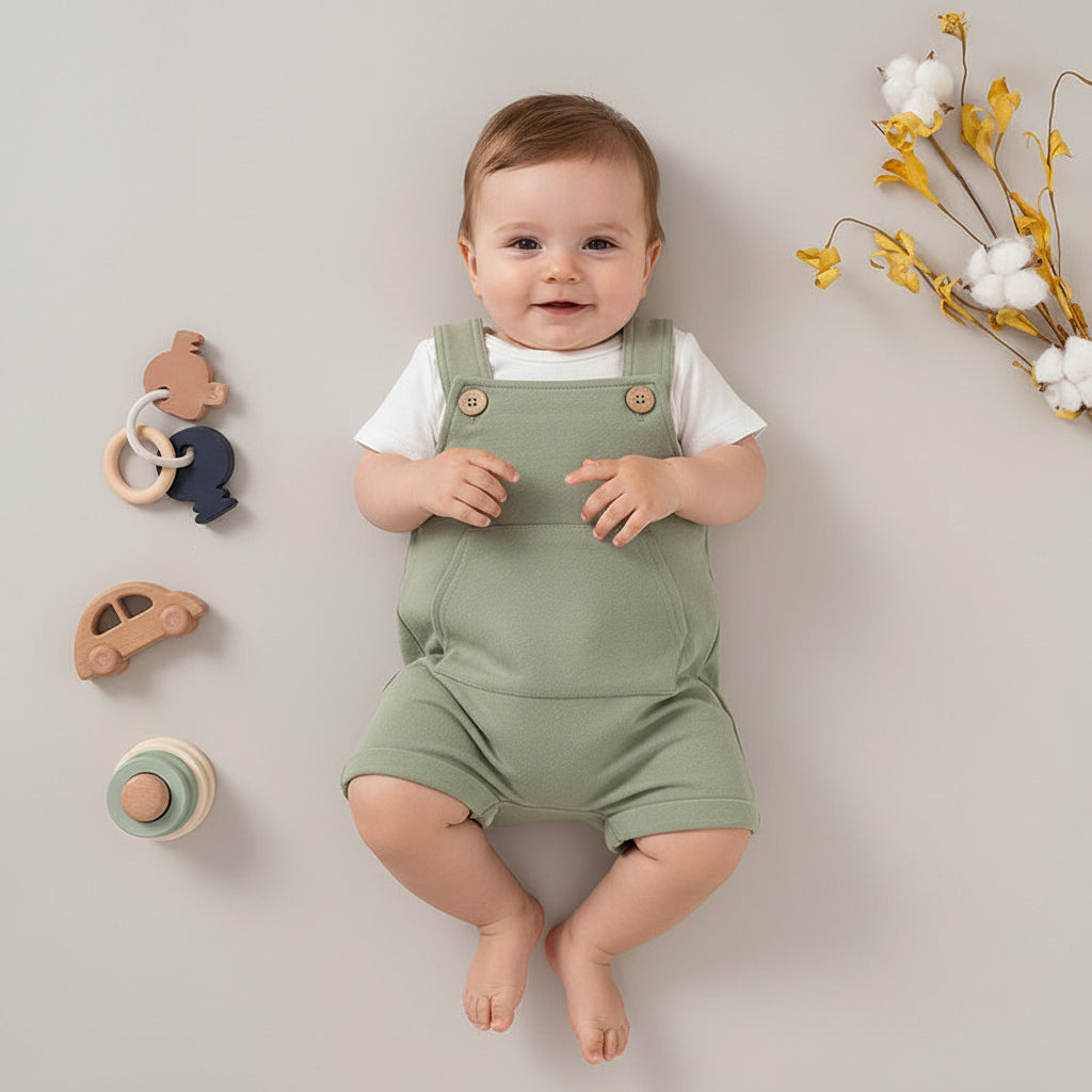 Baby is wearing French Terry overall layered with short sleeve shirt. French Terry Overalls featuring stylish buttons and a front pocket. Made from a thick blend of organic cotton and spandex. Gender neutral styling is perfect for all babies and toddlers.