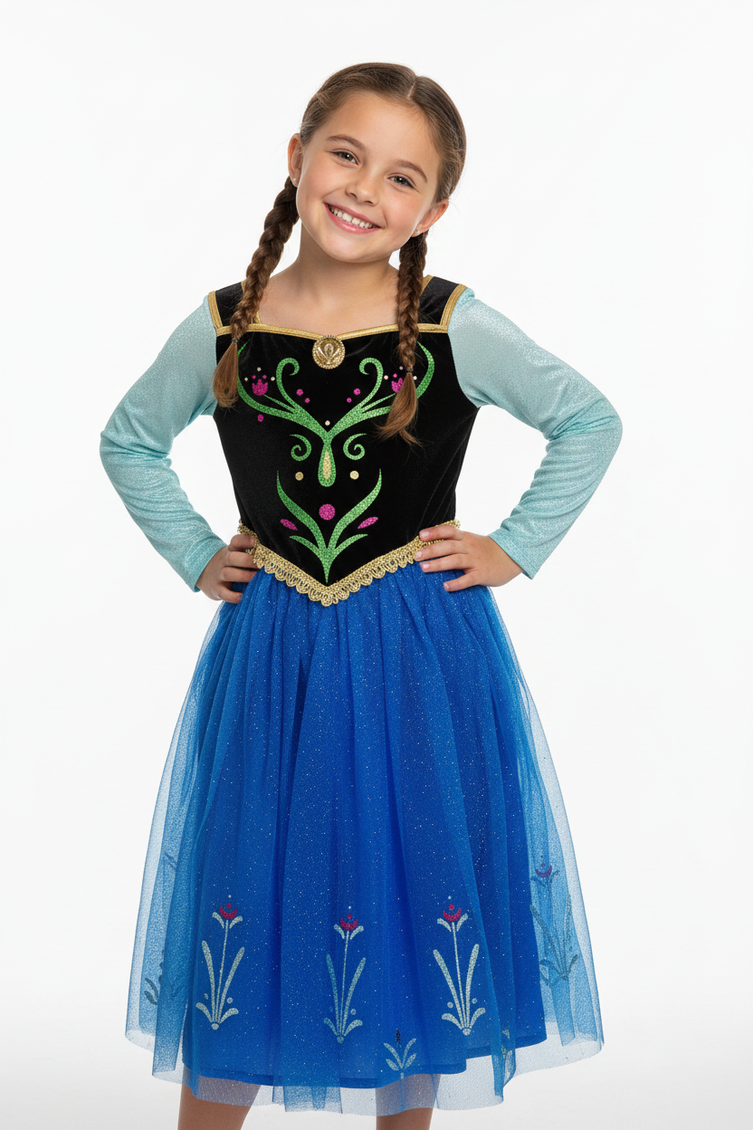 A young girl with braided hair wearing a Frozen Anna costume, featuring a black embroidered bodice with green and gold details, a light blue long-sleeve top, and a blue tulle skirt with floral embroidery, set against a plain white background.