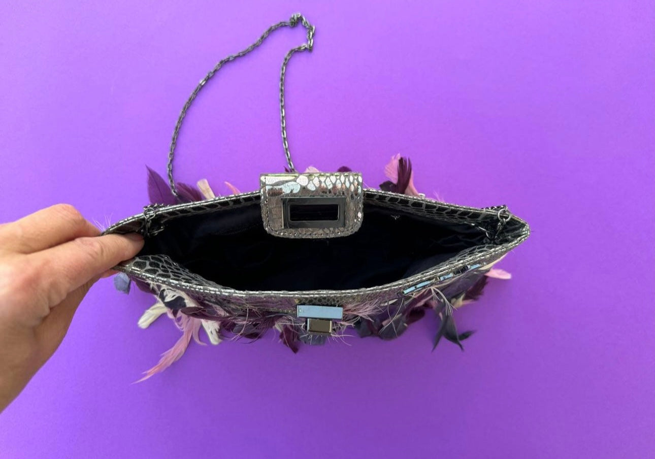 Vintage Custo Barcelona feather bag 2000s,  y2k fashion. Metallic silver evening clutch bag with long chain strap.