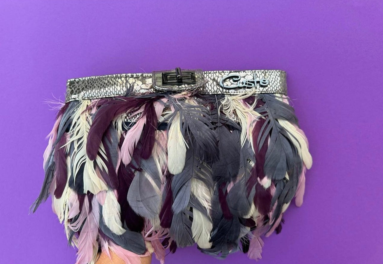 Vintage Custo Barcelona feather bag 2000s,  y2k fashion. Metallic silver evening clutch bag with long chain strap.