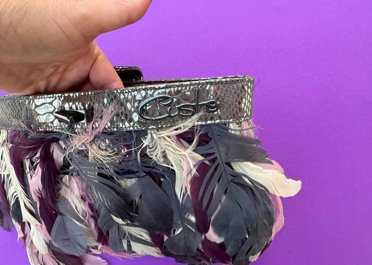 Vintage Custo Barcelona feather bag 2000s,  y2k fashion. Metallic silver evening clutch bag with long chain strap.