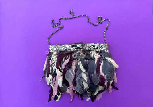 Vintage Custo Barcelona feather bag 2000s,  y2k fashion. Metallic silver evening clutch bag with long chain strap.