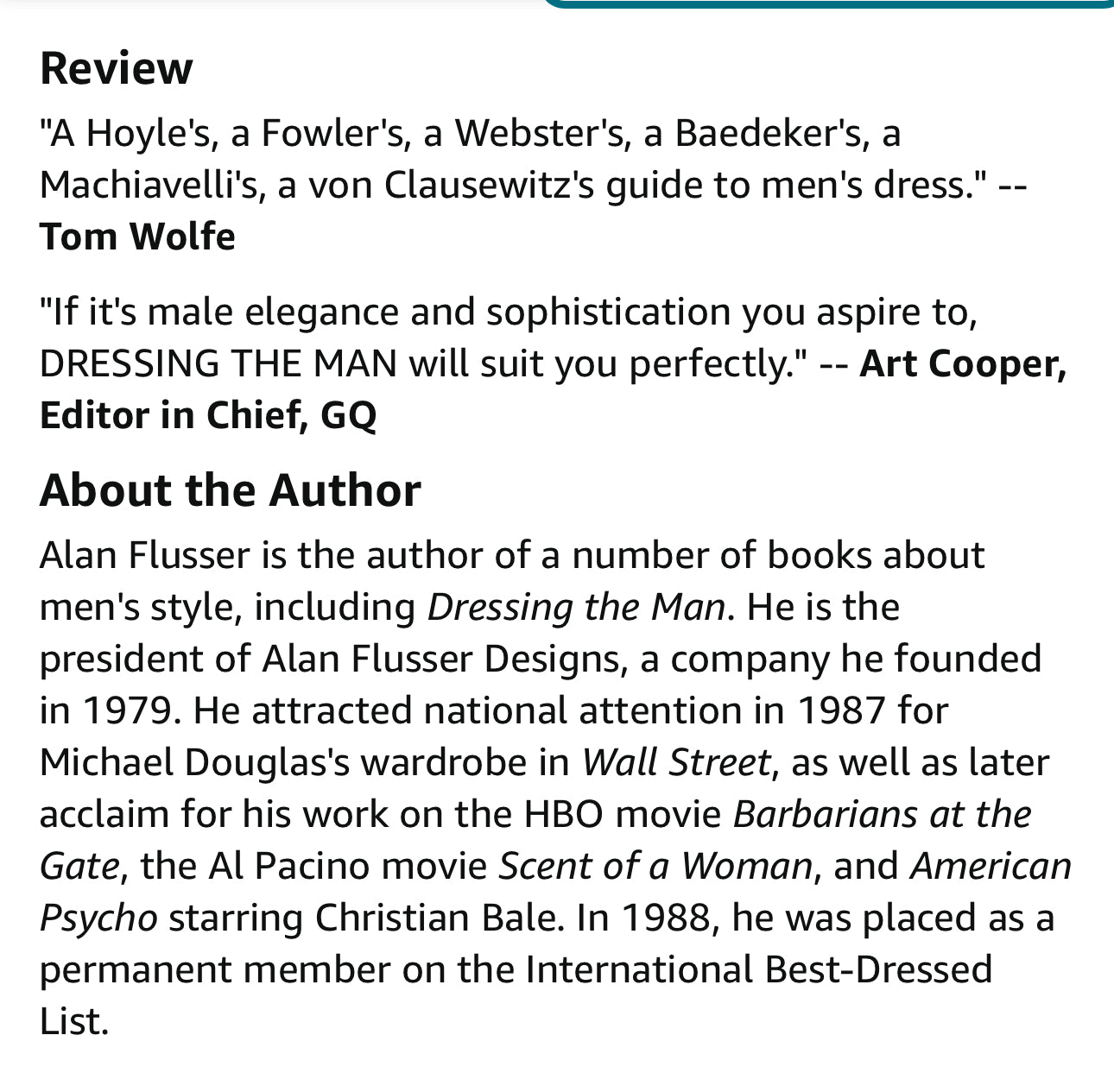 “Dressing the Man. Mastering the Art of Permanent Fashion” book by Alan Flusser.