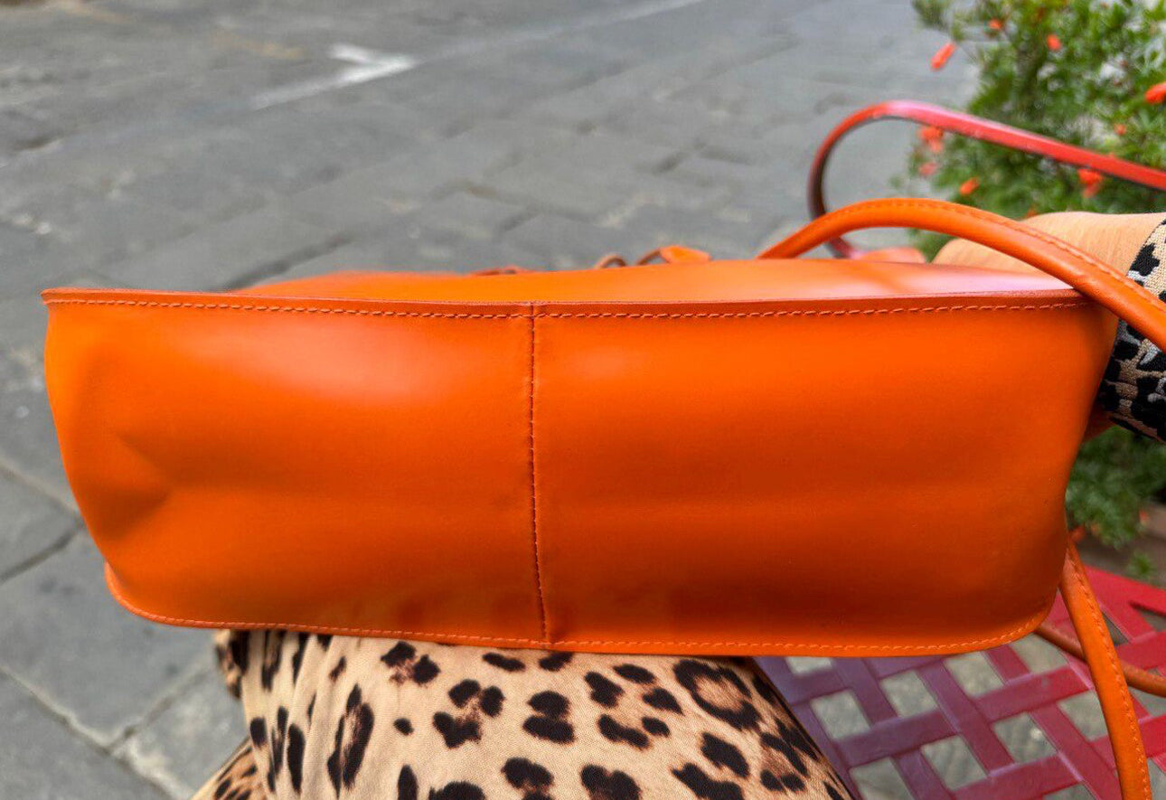 Vintage orange bag FURLA 1990s. Leather tote bag for summer, elegant woman gift.