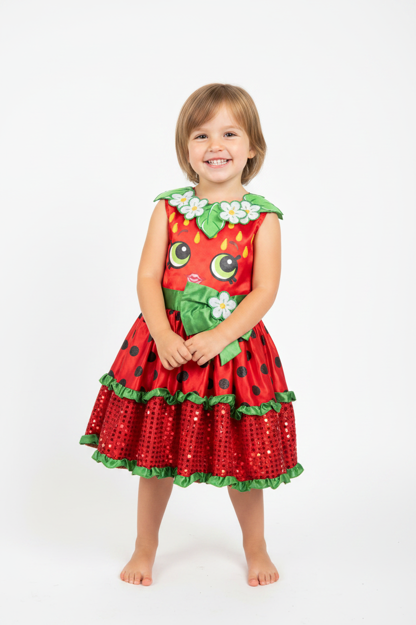 A red strawberry-themed children's dress hanging on a white hanger against a plain light gray wall. The dress has a red bodice with a cartoon face, green leaves at the shoulders, white flowers, black polka dots, a green waistband, and a green bow with a flower accent.