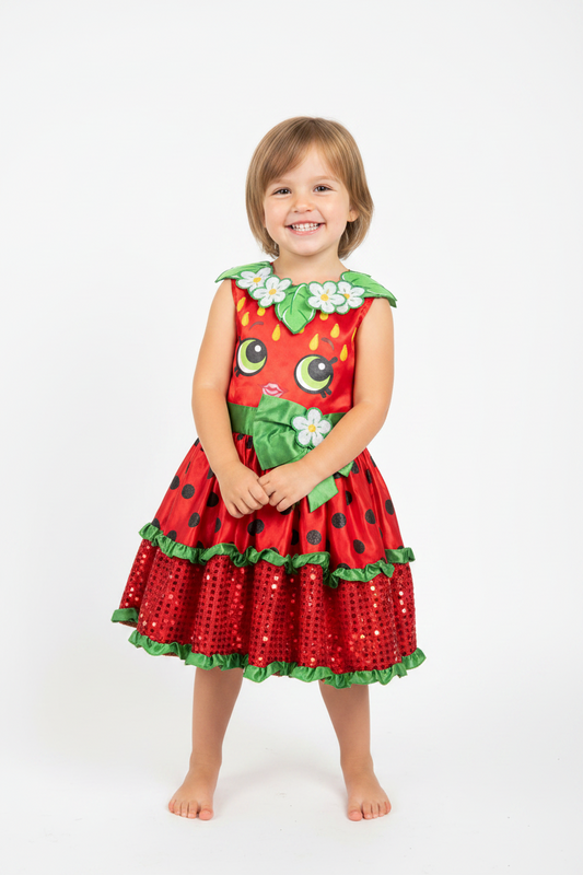 A red strawberry-themed children's dress hanging on a white hanger against a plain light gray wall. The dress has a red bodice with a cartoon face, green leaves at the shoulders, white flowers, black polka dots, a green waistband, and a green bow with a flower accent.