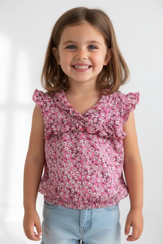 A pink sleeveless blouse with a dense white and dark floral print, featuring ruffled trim at the scoop neck and cap sleeves, hanging on a white plastic hanger against a plain light gray wall.