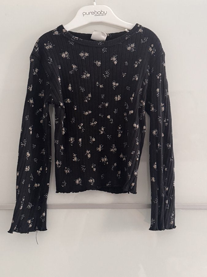 Preloved Purebaby Black Floral Ribbed Top – Girls