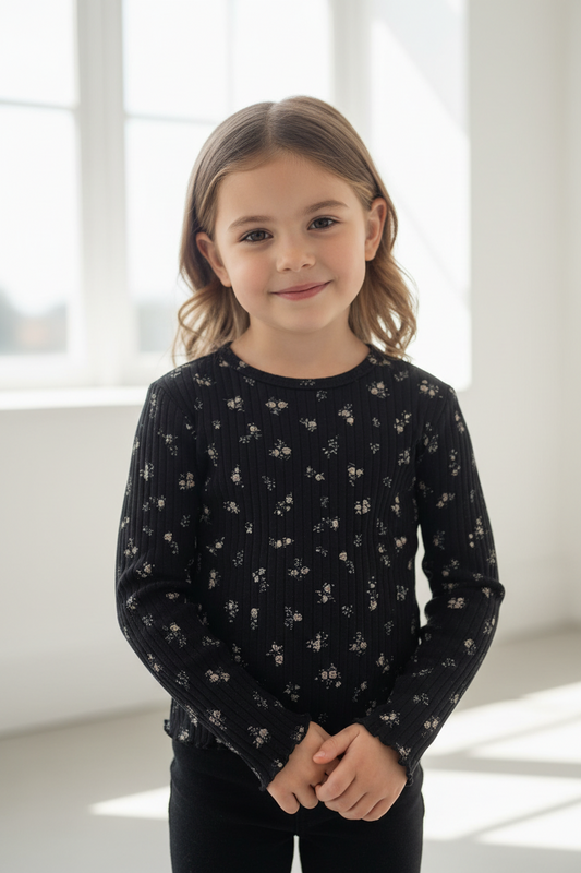 Preloved Purebaby Black Floral Ribbed Top – Girls