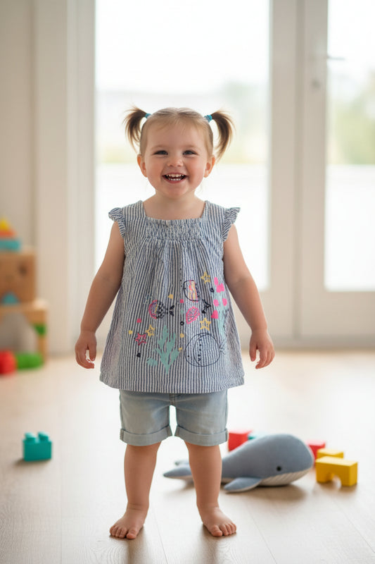 A sleeveless baby girl's dress with blue and white vertical stripes, featuring a smocked bodice and colorful embroidered sea-themed motifs including a moon, starfish, and coral, hanging on a white wooden hanger against a plain wall.