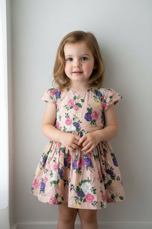 A children's short-sleeve tunic with a pink base and a colorful floral print featuring pink, purple, white, and green roses, hanging on a white hanger against a plain gray wall.