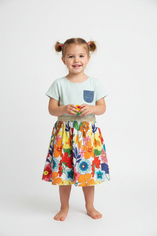 A short-sleeve children's dress hanging on a white hanger against a light gray wall. The top is a pale sage green linen-like fabric with a small dark blue pocket on the chest, and the skirt has a colorful floral print with orange, yellow, red, blue, and green flowers.