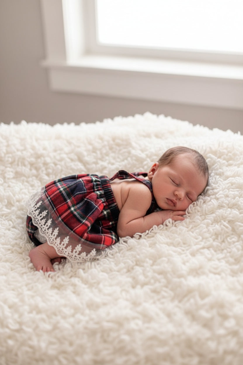 A red and black plaid baby romper with white lace trim, hanging on a white wooden hanger against a plain gray wall.