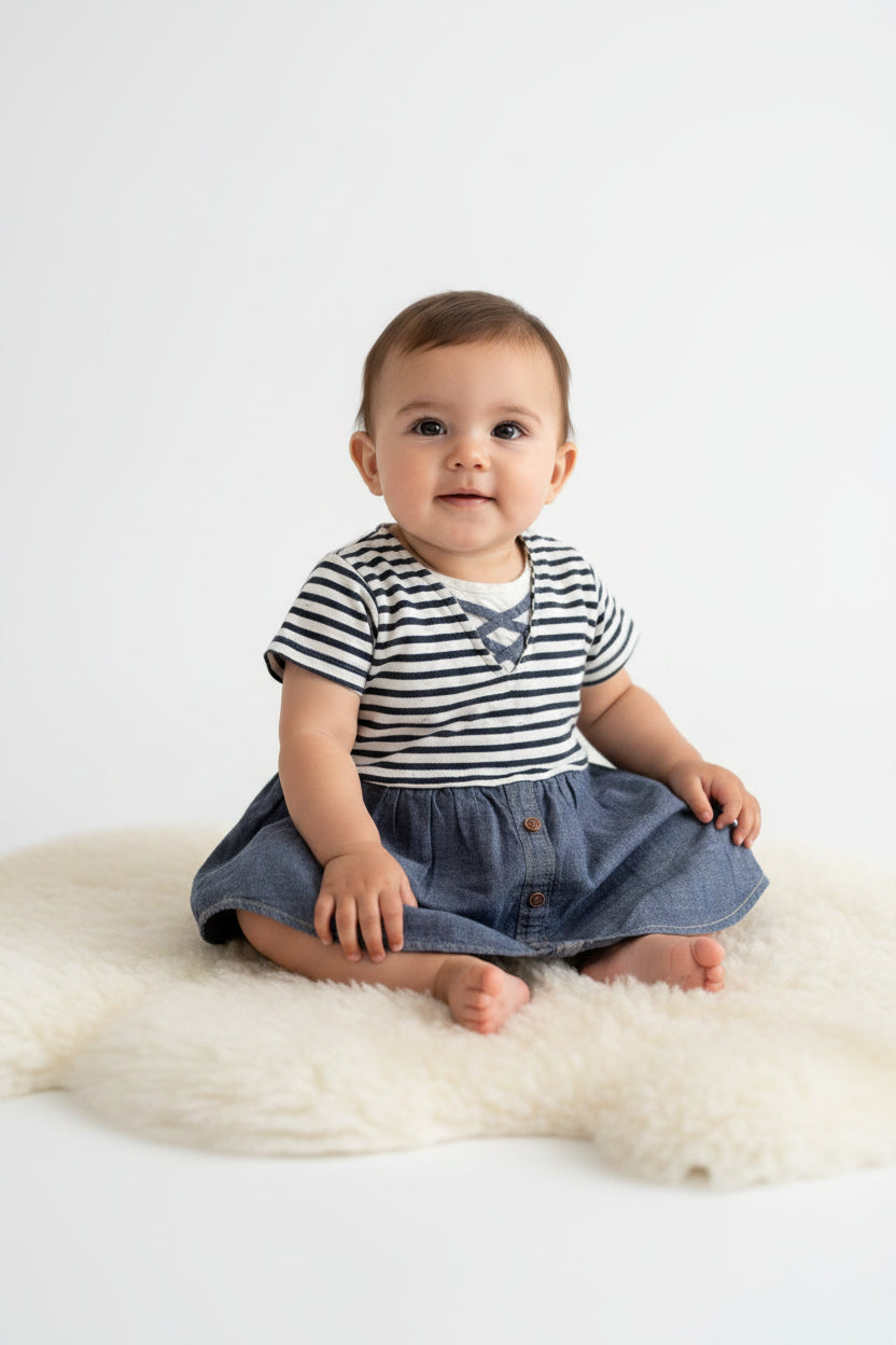 A toddler girl's short-sleeve dress with a navy and white striped bodice and a blue denim skirt, hanging on a white hanger against a light gray wall.