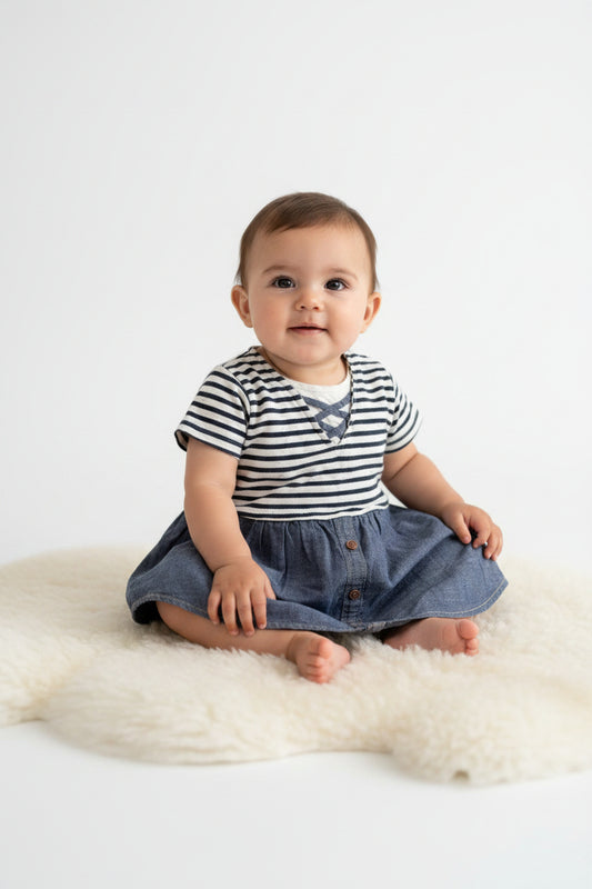 A toddler girl's short-sleeve dress with a navy and white striped bodice and a blue denim skirt, hanging on a white hanger against a light gray wall.