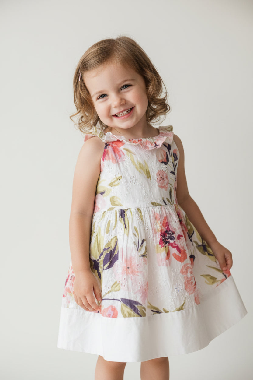 A sleeveless white dress with a pink and green floral print and a solid white ruffled hem, hanging on a white plastic hanger against a plain gray wall.