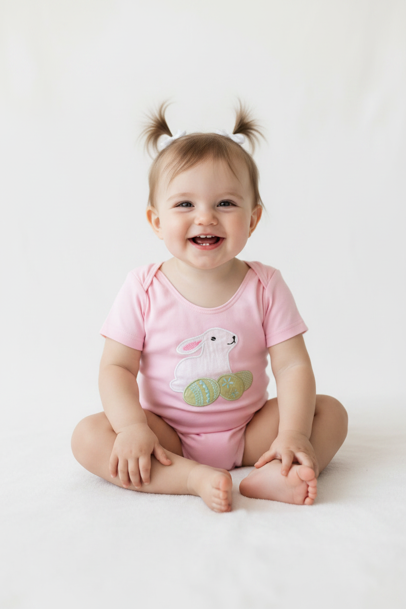 A pink short-sleeve baby bodysuit featuring an embroidered white bunny and green Easter eggs on the chest, laid flat on a textured gray fabric background.