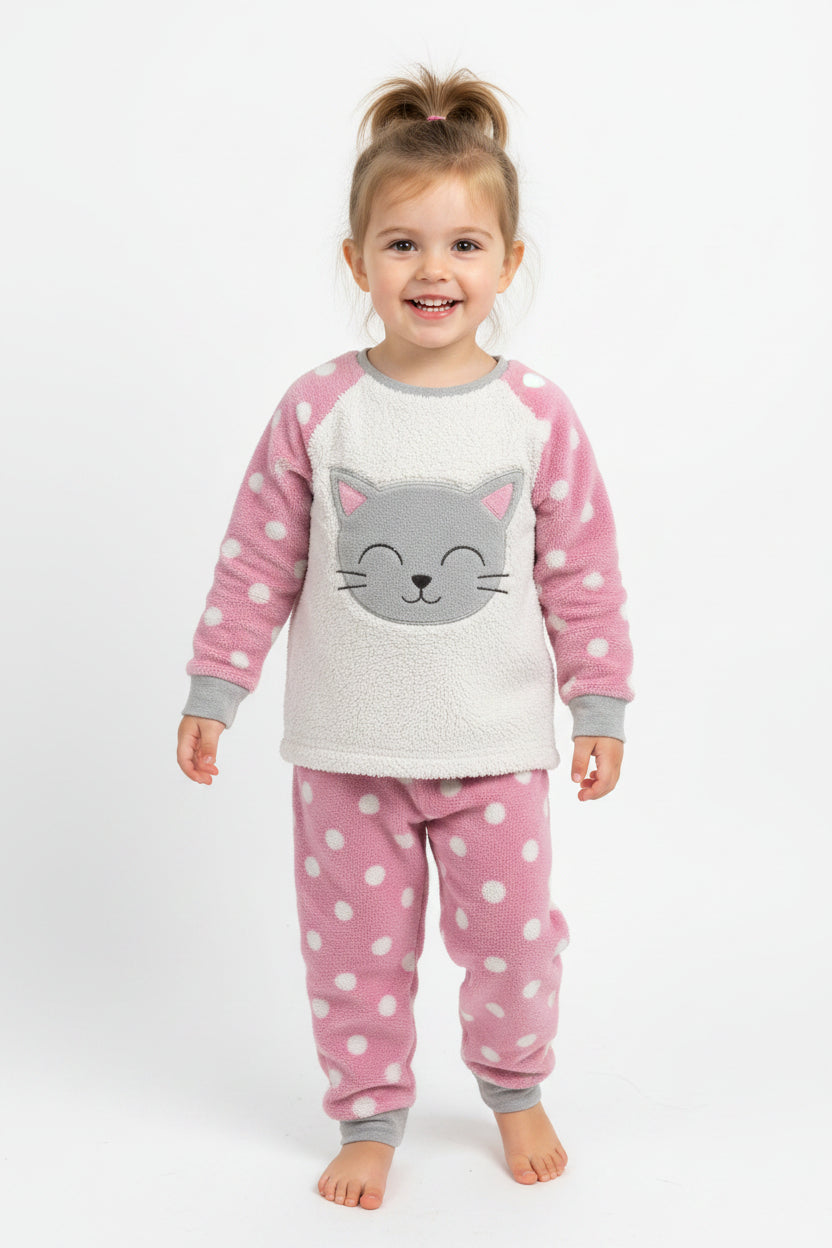 A two-piece children's fleece pajama set laid flat on a beige bedsheet. The long-sleeve top is light gray with a white fuzzy cat face graphic on the chest and pink polka dots on the sleeves and lower hem.