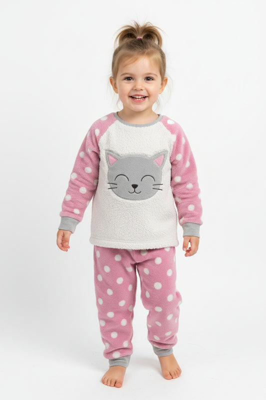 A two-piece children's fleece pajama set laid flat on a beige bedsheet. The long-sleeve top is light gray with a white fuzzy cat face graphic on the chest and pink polka dots on the sleeves and lower hem.
