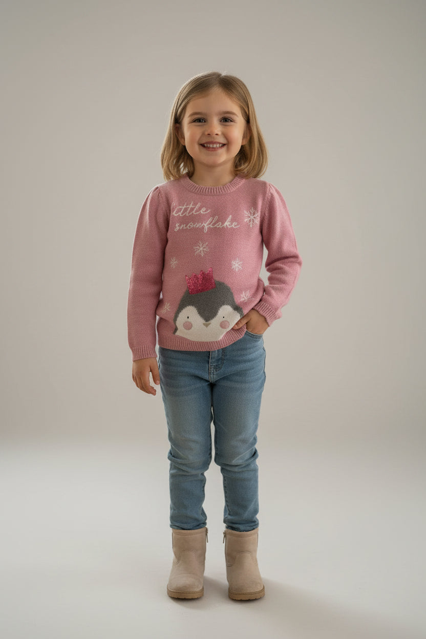 A pink knit sweater for children hanging on a white hanger against a light gray wall. The sweater features the words 'little snowflake' in white script, white snowflakes, a gray penguin with a pink sequined crown, and a pink ruffled neckline and hem.