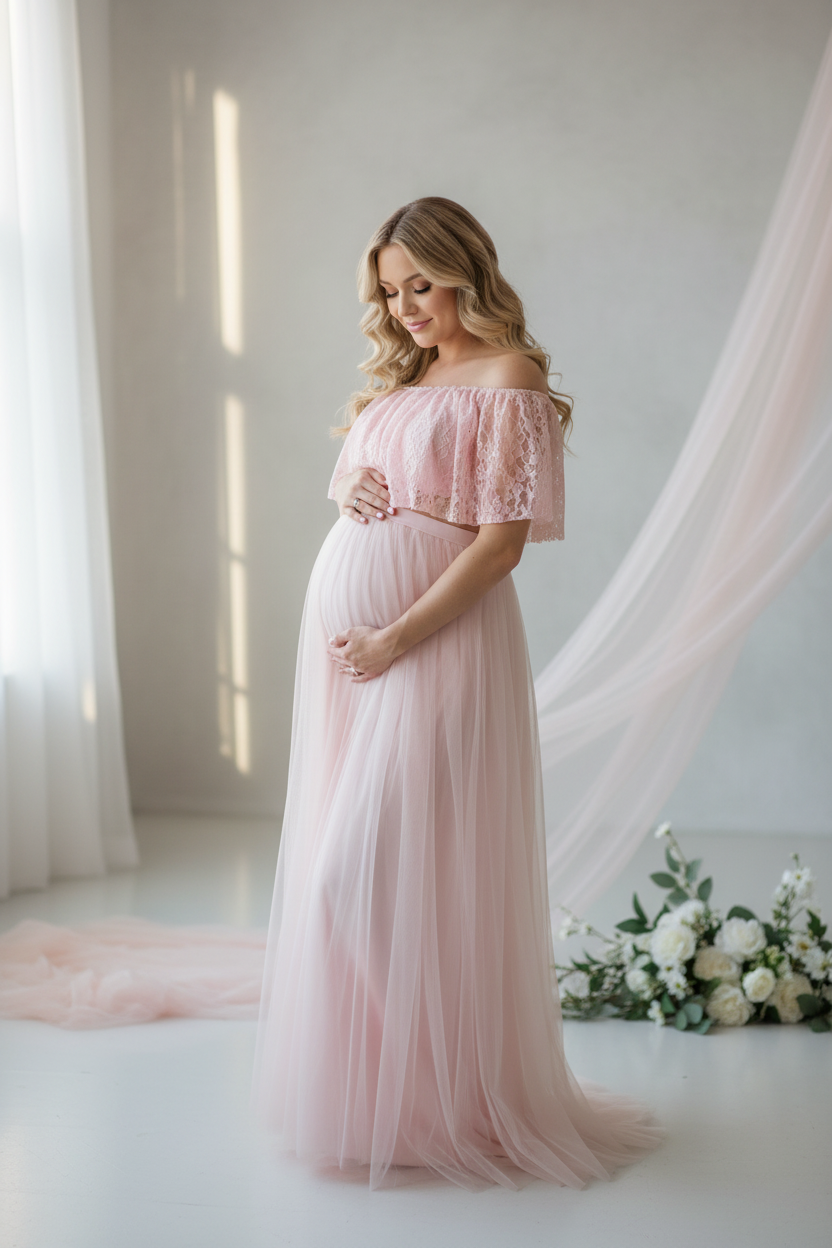 A pregnant woman wearing a light pink off-the-shoulder tulle maternity gown stands in a bright, softly lit studio with draped fabric and white flowers on the floor.