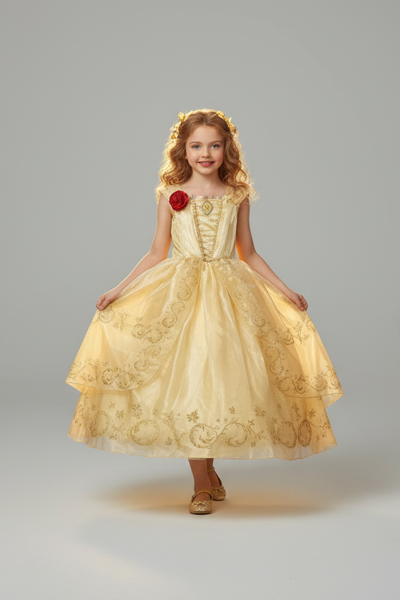A young girl with blonde hair wearing a pale yellow ballgown with gold embroidery and a red rose accessory, standing against a solid gray studio background.
