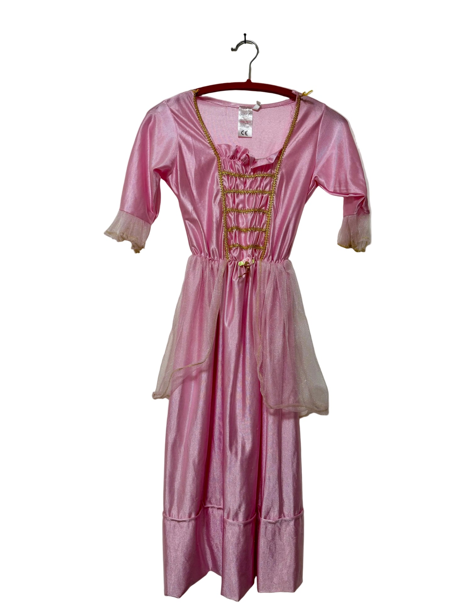 A pink dress with long sleeves and a ruffled skirt, designed for a 7-8 year old.