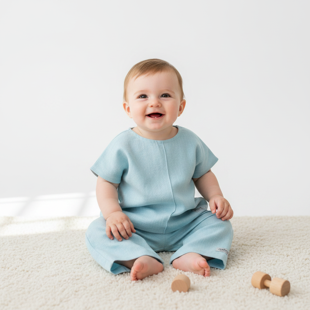 Light blue children's top and pants set on a white background